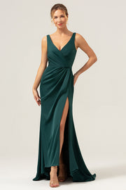 Dark Green Mermaid V Neck Ruched High-Low Long Satin Bridesmaid Dress with Slit