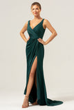 Dark Green Mermaid V Neck Ruched High-Low Long Satin Bridesmaid Dress with Slit