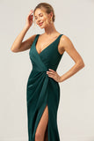 Dark Green Mermaid V Neck Ruched High-Low Long Satin Bridesmaid Dress with Slit