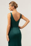 Dark Green Mermaid V Neck Ruched High-Low Long Satin Bridesmaid Dress with Slit