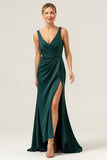 Dark Green Mermaid V Neck Ruched High-Low Long Satin Bridesmaid Dress with Slit