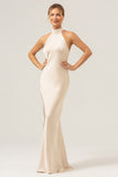 Champagne Sheath Halter Backless Long Satin Bridesmaid Dress with Slit