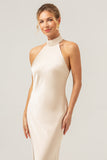 Champagne Sheath Halter Backless Long Satin Bridesmaid Dress with Slit