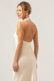 Champagne Sheath Halter Backless Long Satin Bridesmaid Dress with Slit