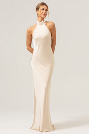 Champagne Sheath Halter Backless Long Satin Bridesmaid Dress with Slit