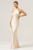 Champagne Sheath Halter Backless Long Satin Bridesmaid Dress with Slit