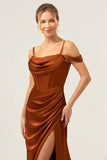 Coffee Mermaid Cold Shoulder Ruched Corset Long Satin Bridesmaid Dress with Slit