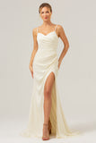 Ivory Sheath Spaghetti Straps Ruched Long Satin Bridesmaid Dress with Slit