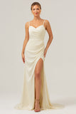 Ivory Sheath Spaghetti Straps Ruched Long Satin Bridesmaid Dress with Slit