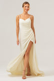 Ivory Sheath Spaghetti Straps Ruched Long Satin Bridesmaid Dress with Slit