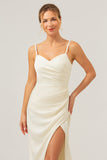 Ivory Sheath Spaghetti Straps Ruched Long Satin Bridesmaid Dress with Slit