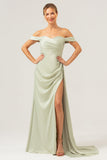 Stylish Sage Mermaid Off The Shoulder Pleated Satin Long Bridesmaid Dress with Slit