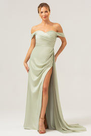 Stylish Sage Mermaid Off The Shoulder Pleated Satin Long Bridesmaid Dress with Slit