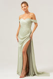 Stylish Sage Mermaid Off The Shoulder Pleated Satin Long Bridesmaid Dress with Slit