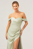 Stylish Sage Mermaid Off The Shoulder Pleated Satin Long Bridesmaid Dress with Slit