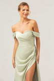 Stylish Sage Mermaid Off The Shoulder Pleated Satin Long Bridesmaid Dress with Slit