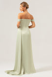 Stylish Sage Mermaid Off The Shoulder Pleated Satin Long Bridesmaid Dress with Slit