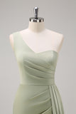 Sage Mermaid One Shoulder Pleated Long Bridesmaid Dress With Slit