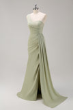 Sage Mermaid One Shoulder Pleated Long Bridesmaid Dress With Slit