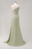 Sage Mermaid One Shoulder Pleated Long Bridesmaid Dress With Slit