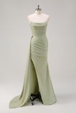 Sage Mermaid Strapless Ruched Long Bridesmaid Dress with Slit