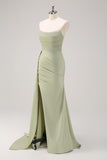 Sage Mermaid Strapless Ruched Long Bridesmaid Dress with Slit