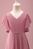 Desert Rose Chiffon A Line Ruffled Junior Bridesmaid Dress with Batwing Sleeves