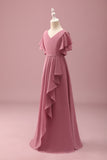 Desert Rose Chiffon A Line Ruffled Junior Bridesmaid Dress with Batwing Sleeves