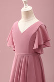 Desert Rose Chiffon A Line Ruffled Junior Bridesmaid Dress with Batwing Sleeves