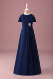 Navy Round Neck A Line Short Sleeves Junior Bridesmaid Dress With Rhinestones