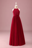 Burgundy A Line Round Neck Sleeveless Junior Bridesmaid Dress