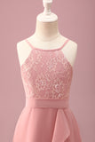 Blush Halter Neck A-Line Chiffon Junior Bridesmaid Dress with Ruffles