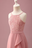 Blush Halter Neck A-Line Chiffon Junior Bridesmaid Dress with Ruffles