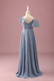 Grey Blue V-Neck A-Line Chiffon High Low Junior Bridesmaid Dress