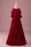 Burgundy A-Line Round Neck Chiffon Half Sleeves Long Junior Bridesmaid Dress