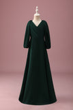 Pine Green A-Line V-Neck Chiffon Junior Bridesmaid Dress with Long Sleeves