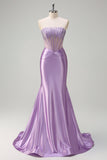 Sparkly Lilac Mermaid Strapless Sheer Corset Ruched Long Prom Dress with Beading