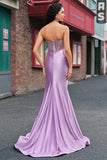 Sparkly Lilac Mermaid Strapless Sheer Corset Ruched Long Prom Dress with Beading