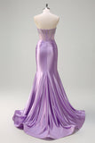 Sparkly Lilac Mermaid Strapless Sheer Corset Ruched Long Prom Dress with Beading