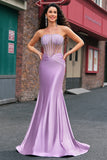 Sparkly Lilac Mermaid Strapless Sheer Corset Ruched Long Prom Dress with Beading