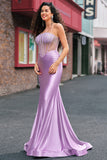 Purple Beaded Mermaid Corset Strapless Long Prom Dress