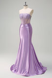 Sparkly Lilac Mermaid Strapless Sheer Corset Ruched Long Prom Dress with Beading