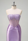 Sparkly Lilac Mermaid Strapless Sheer Corset Ruched Long Prom Dress with Beading