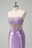 Sparkly Lilac Mermaid Strapless Sheer Corset Ruched Long Prom Dress with Beading