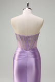 Sparkly Lilac Mermaid Strapless Sheer Corset Ruched Long Prom Dress with Beading