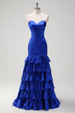 Royal Blue Strapless Ruched Corset Tiered Long Prom Dress with Ruffles