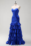 Royal Blue Strapless Ruched Corset Tiered Long Prom Dress with Ruffles