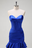 Royal Blue Strapless Ruched Corset Tiered Long Prom Dress with Ruffles