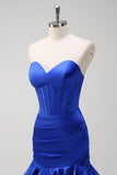 Royal Blue Strapless Ruched Corset Tiered Long Prom Dress with Ruffles