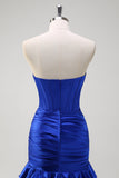 Royal Blue Strapless Ruched Corset Tiered Long Prom Dress with Ruffles